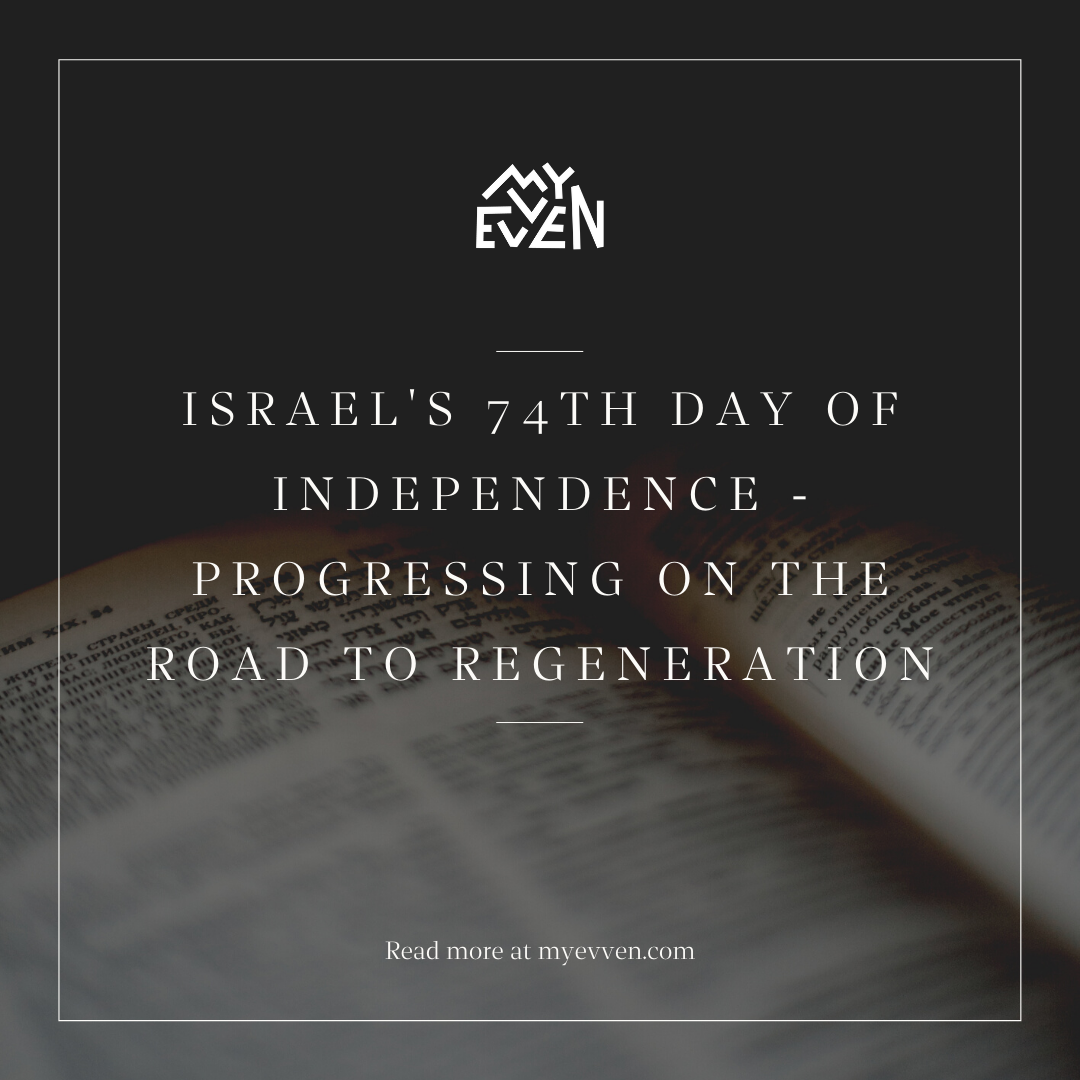 Graphic post with text saying Israel's 74th day of independence - progressing on the road to regeneration